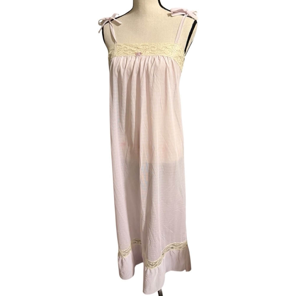Vintage sheer lavender slip Chemise bow dress thin strap Lace whimsy cottagecore